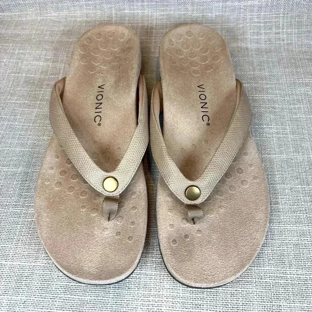 Vionic Rest Davina Semolina tan faux leather thongs sandals size 11 comfort